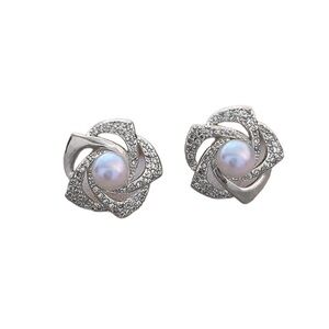 Antique Silver Rhinestone and Pearl Flower Stud Earrings